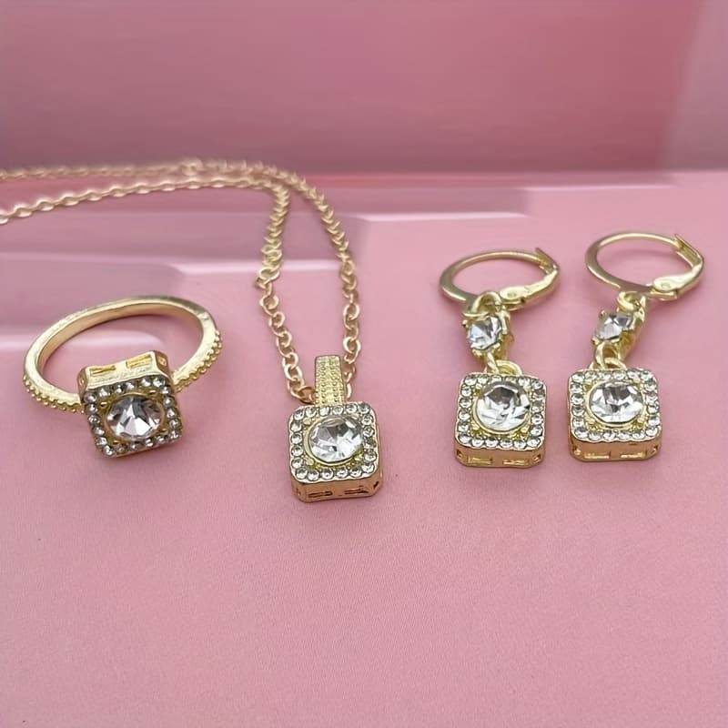 TEMU 4pcs Beautiful Luxurious Shiny Fashionable Square Necklace Earring Ring Commemorative Jewelry Versatile Exquisite Christmas Birthday Gift