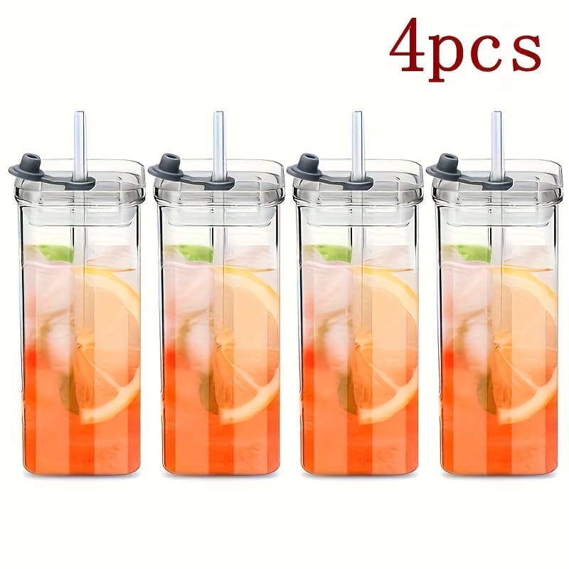 TEMU 4pcs/6pcs/8pcs 400ml Square Glass Tumbler With Straw - Aesthetic Borosilicate Glass Water Bottle - Large Capacity Cup With Silicone Sleeve - Leak-proof Lid - Cupholder Friendly