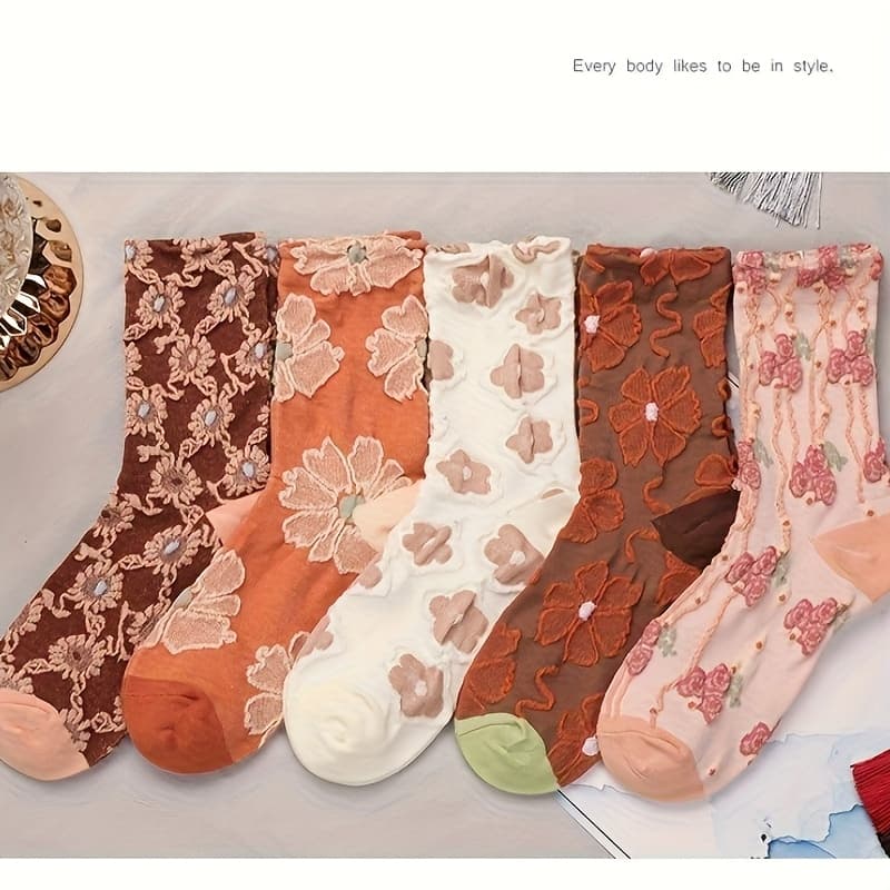 TEMU 5 Colors, 5 Pairs Of Retro Floral Socks, 's Relief Mid Tube Socks, Ins Trendy Socks, Fashionable And Versatile Women's Socks, Small Flower Socks Manufacturer Socks