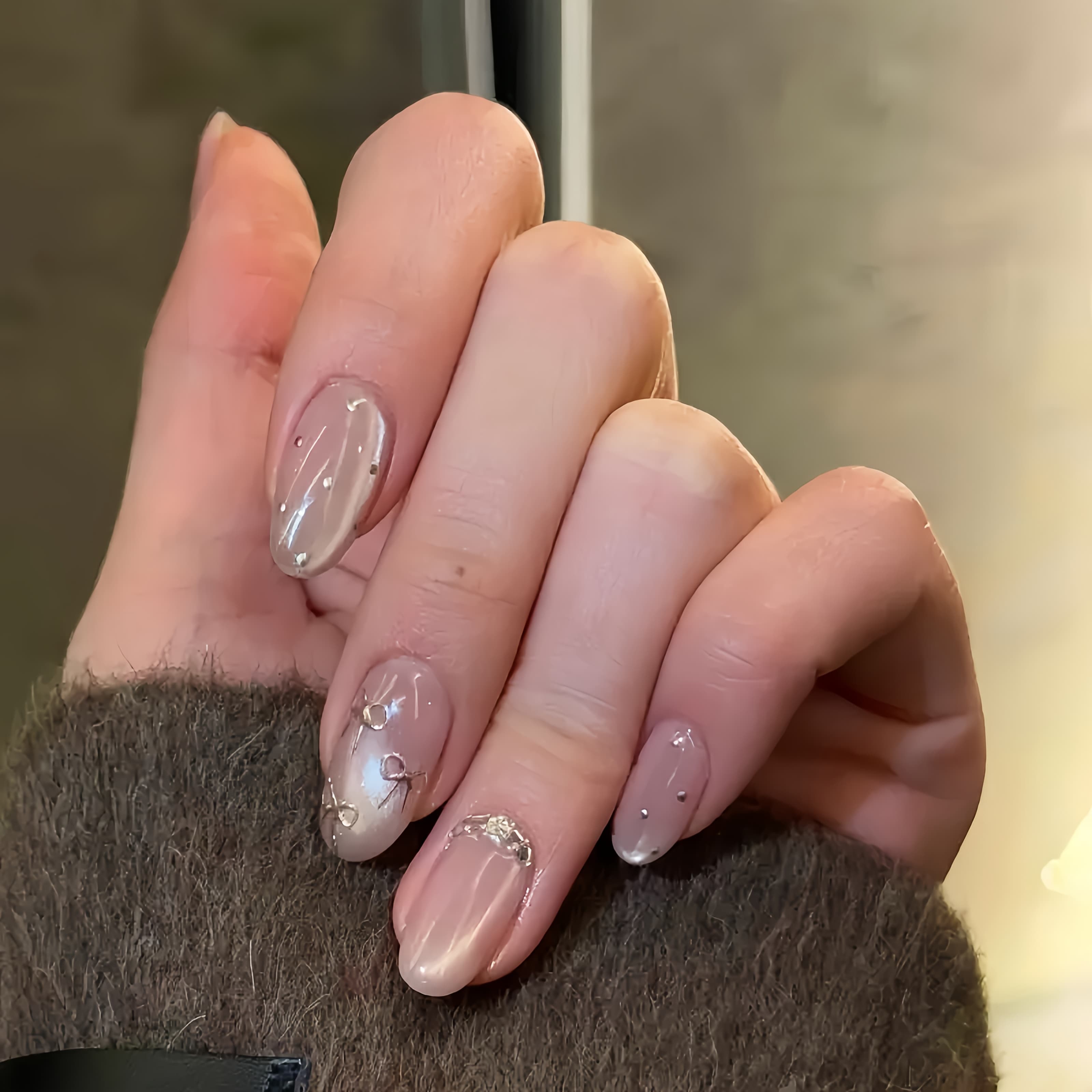 TEMU Handmade Press On Nails Nude Pink Oval Shape - Silvery Geometric Floral Glitter Design, Reusable Gel False Nails For Wedding, Daily Wear (free Tool Kit, 3 Sizes)