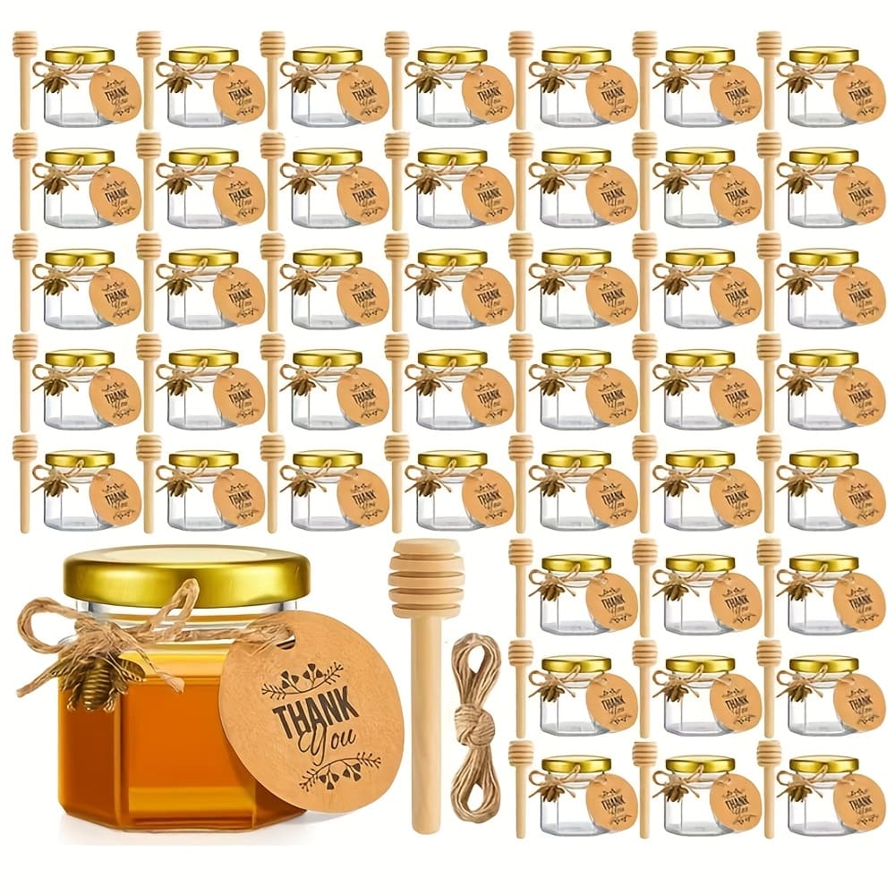 TEMU 50 Pack Jars With - Glass Honey Jars Party Favors & Wedding Favors - Golden Lid, Bee Pendants, Golden Fabric Ribbons, Dishwasher Safe