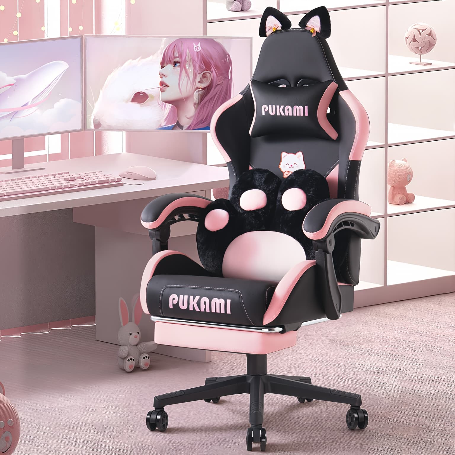 TEMU Gaming Chair With Cat Ears And Cat Paw Cushion Pillow, Cute Computer Chair For Girl With Footrest, Ergonomic Gamer Chair, Kawaii Gaming Chair, Reclining Game