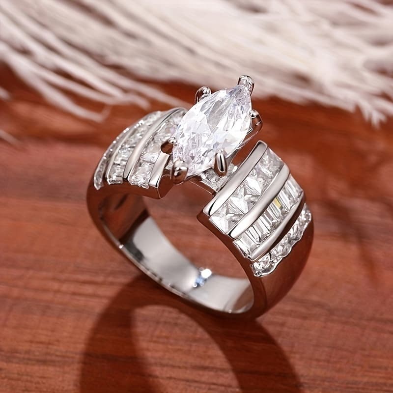 TEMU Trendy Fashion Six-claw Set -shaped Zirconia Ladies Engagement Ring Wedding Party Jewelry Banquet Anniversary Gift