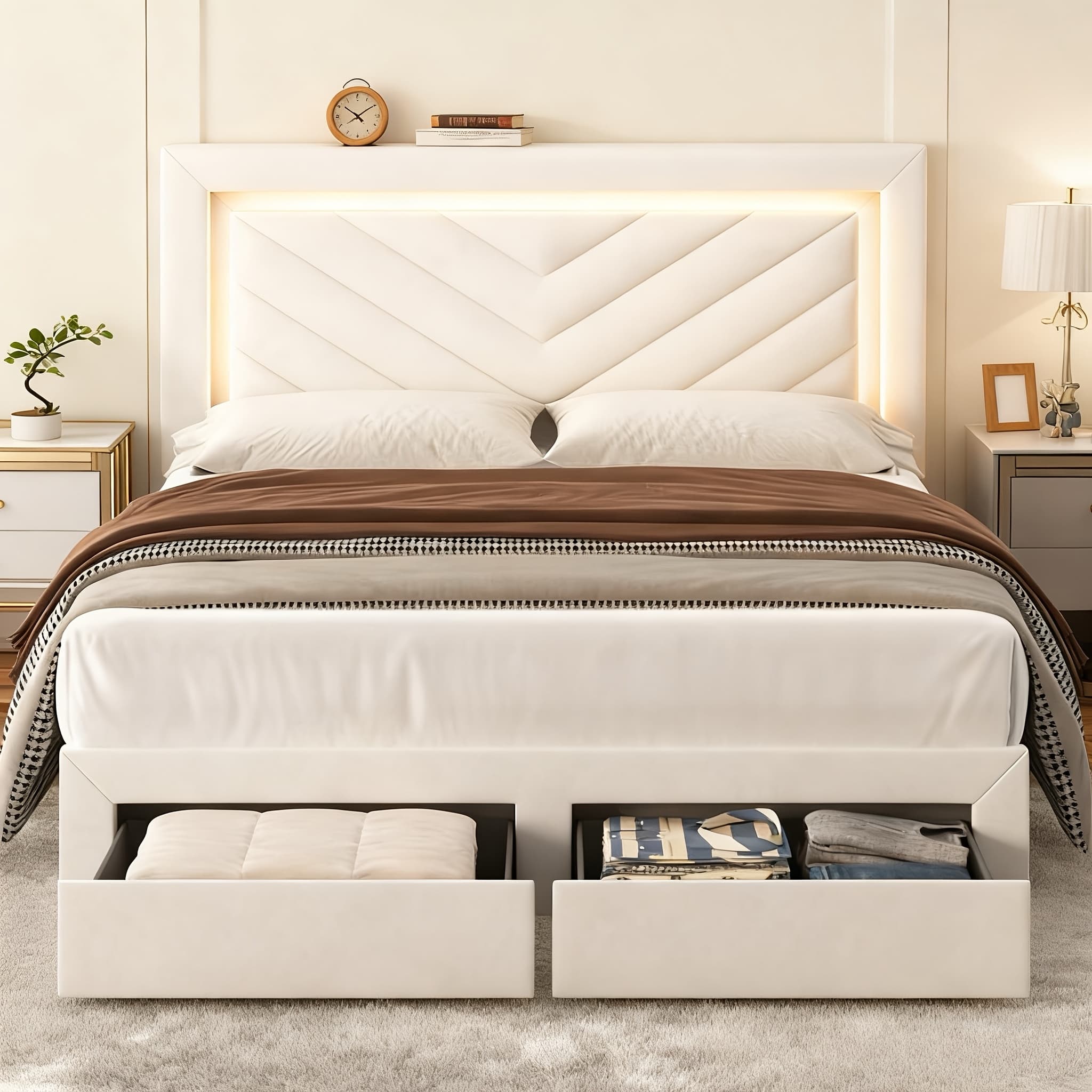 TEMU Upholstered Bed Frame With Adjustable Led Headboard, Charging Station And Storage Drawers, Spring Needed, , Velvet