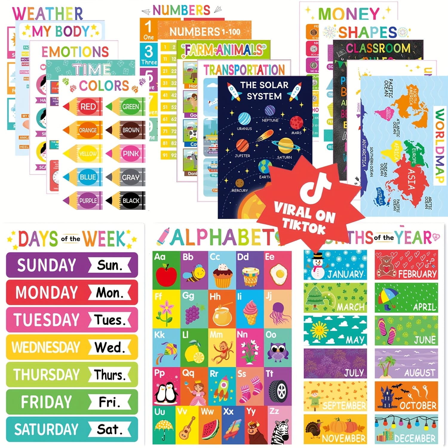 TEMU 18pcs Educational Posters For Classroom & Kindergarten, Kindergarten Classroom Must Haves, Laminated Learning Chart Materials Us & World Map, Abc Alphabet, Shapes,