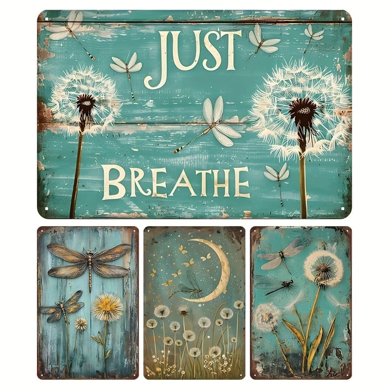 TEMU 4pcs & Dandelion Metal Signs, Retro Just Breathe Wall Decor, 2d Flat Printing Plaques, Perfect For Bedroom, Garden, Bathroom, Ideal Gift For , 8*12 Inch, 2d Flat
