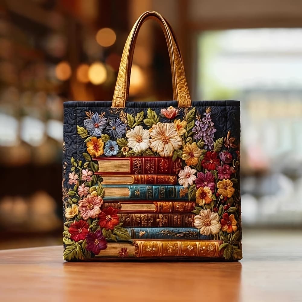 TEMU Book Lovers Tote Bag, Floral Print Quilted Shoulder Bag, Large Capacity Vintage Book Pattern Handbag, Reusable Grocery Bag For School, Library, Travel, Spring, Book Lovers Day Gift