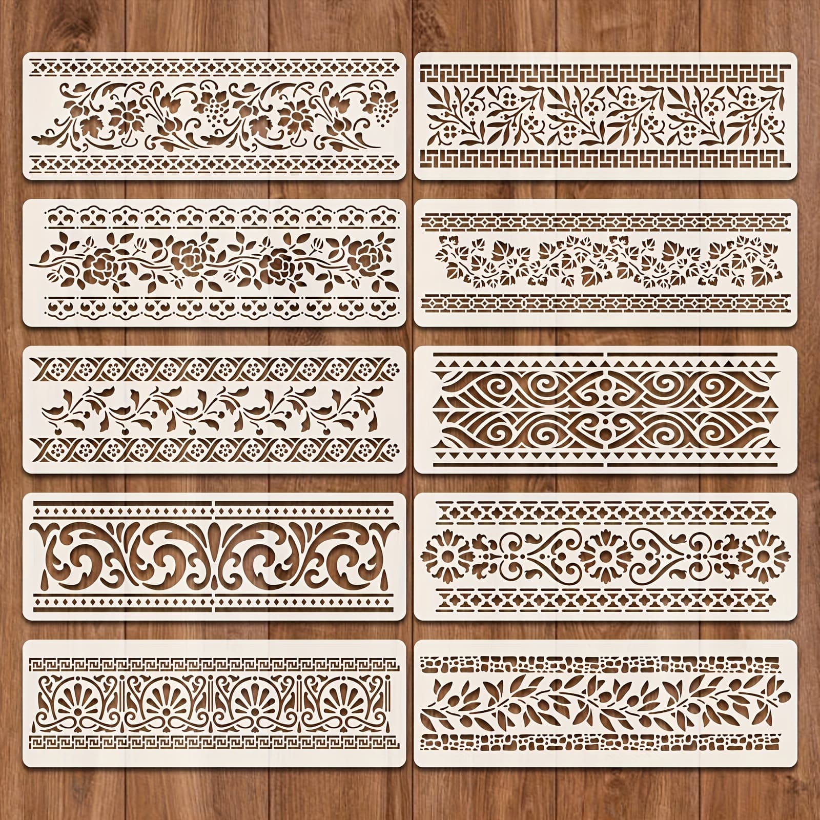 TEMU 10pcs Line Border Stencil Set, Floral Frame Template, 11.8" X 3.9" Reusable Furniture Stencils For Painting On Walls, Wood, And Paper, Washable