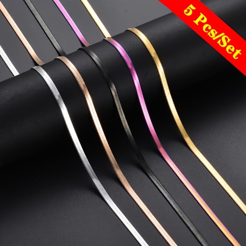 TEMU Set Of 5 And Long-lasting Stainless Steel Blade Chain Necklaces - Unisex Flatsake Couple Style, Hypoallergenic Collarbone Chain, Sweat-resistant Beach Necklace