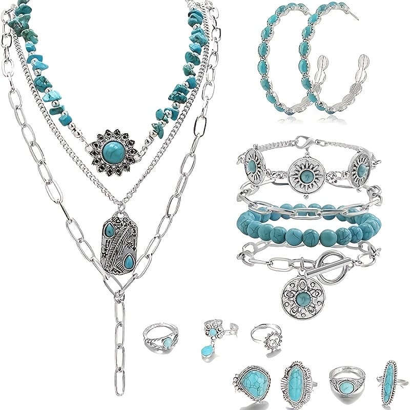 TEMU 16pcs Bohemian Vintage- Set Featuring Synthetic Turquoise, Including A Necklace, Earrings, Bracelet, And Ring, Ideal For Everyday Use, Vacations, Parties, And Holidays. A Perfect Gift For Women