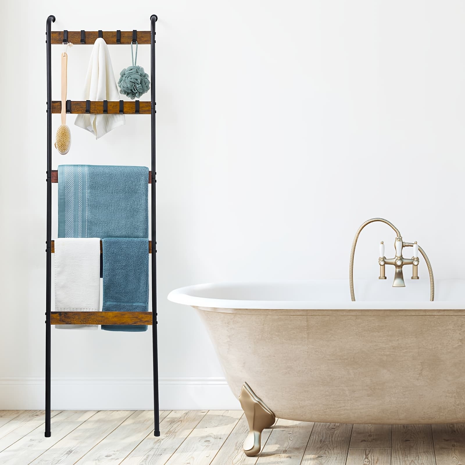 TEMU 5-tier Wooden & Metal Ladder Rack With Hooks – Rustic Towel And Blanket Storage For Bathroom, Bedroom, Or Living Room, Brown, Decorative Organizer, Towel Rack For Bathroom, Towel Racks