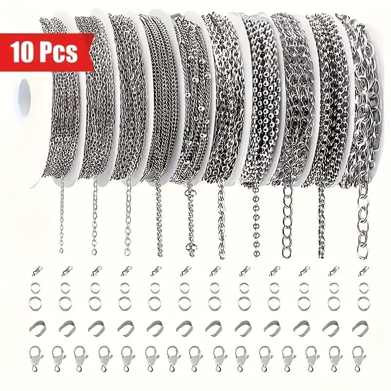 TEMU 10pcs 304 Stainless Steel Jewelry Making Kit - Assorted Chains For Diy Necklaces & Bracelets, Hypoallergenic Crafting Set With Accessories Christmas & Halloween Gift