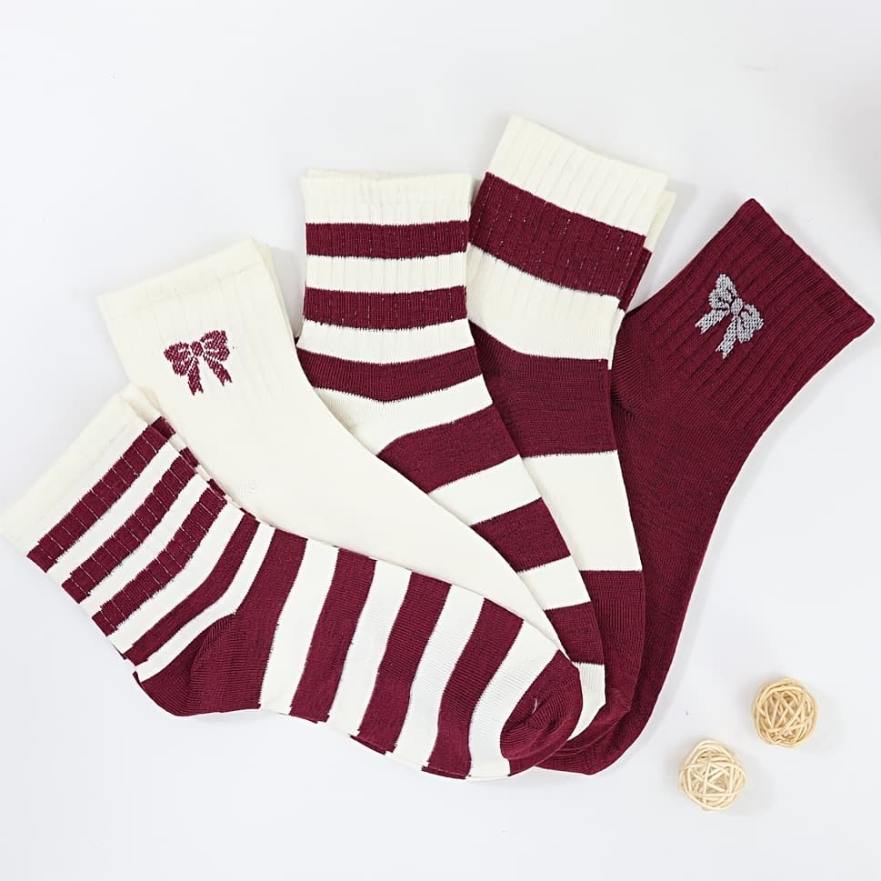 TEMU 5 Pairs Women's Comfortable Fashion Red- Striped Bow White Short Socks Mid-calf Socks