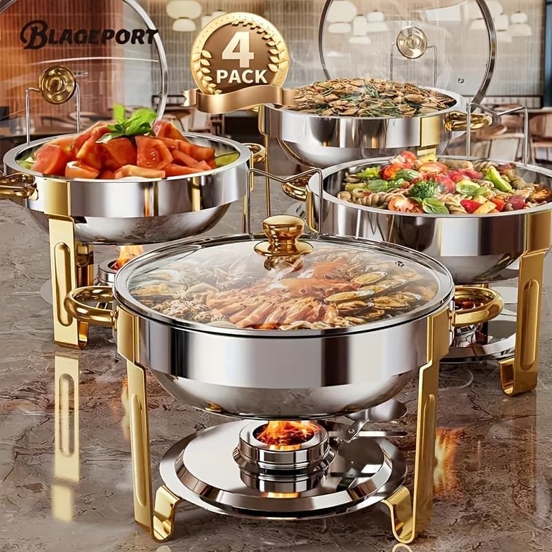 TEMU 2/4pcs Buffet Hot Pot Set, 5qt [95% Pre-assembled] Round Buffet Hot Pot Set With Glass Lid And Lid Rack, Stainless Steel Hot Pot Food Warmer For Party Catering Wedding [ Cooking]