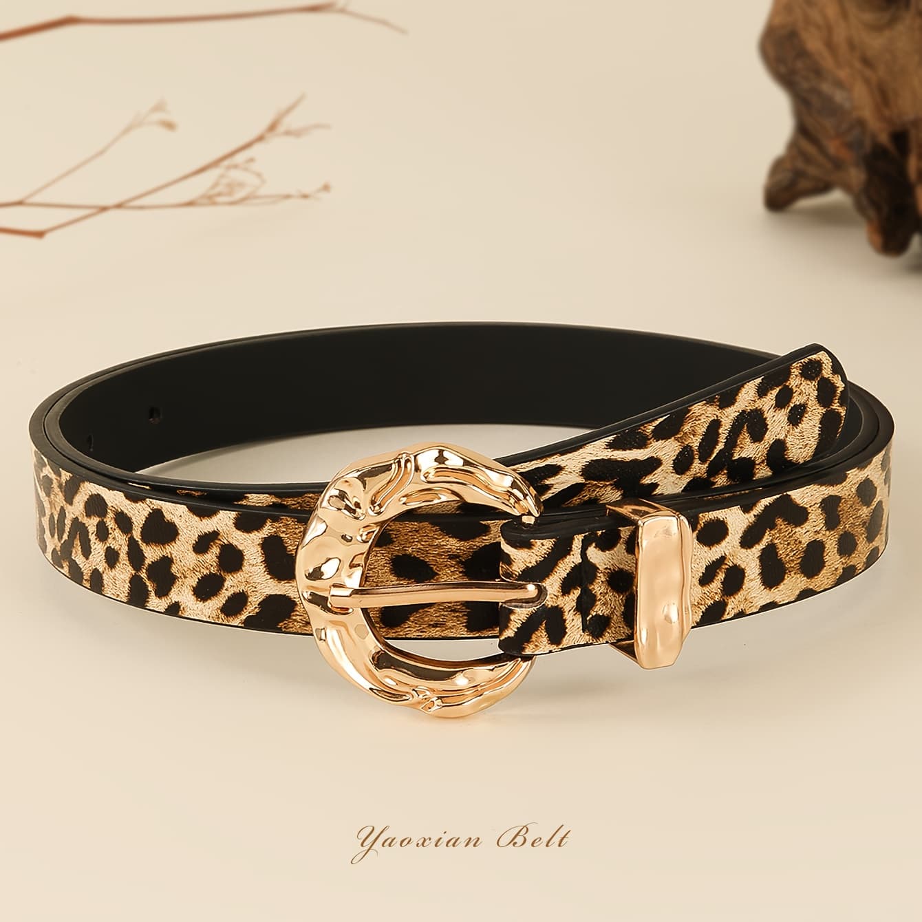 TEMU Women's Leopard Print Faux Leather Belt - Vintage With Golden-tone Alloy , Versatile For Jeans, T-shirts, Dresses & Shorts - Gift For Women