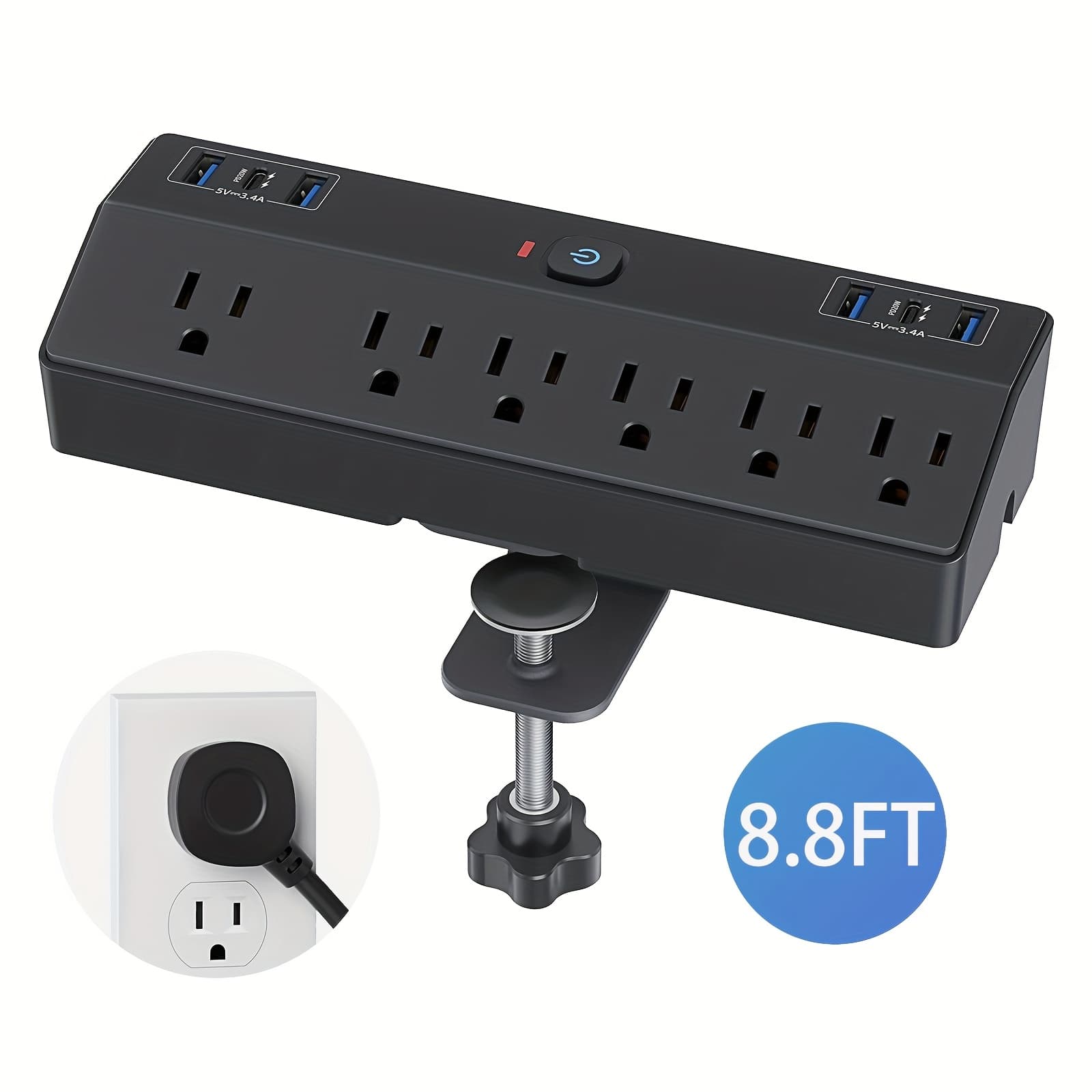 TEMU 40w Fast Charging Station, Desk Clamp Power Strip With 2 Pd Usb-c Ports, 6 Ac Outlets And 8.8ft Cord, Fits 2.48" Tabletop Edge