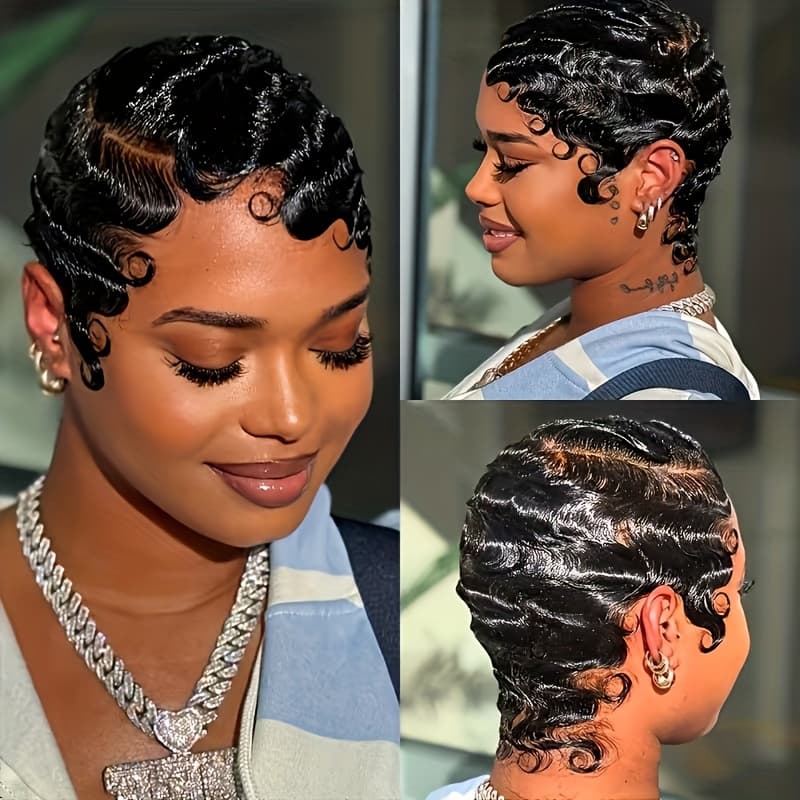 TEMU Women's Finger Wave Cut Wig - 10.16 Cm Natural Hair Wig With 180% Density, & , Elegant Style Short Hair For Everyday And Party Wear, Hair Wig
