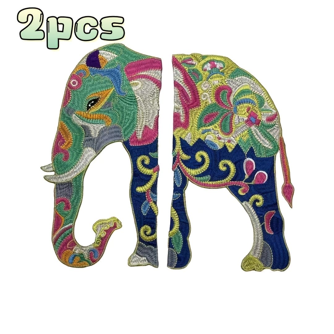 TEMU 2pcs Hand-sewn Elephant Embroidery Patch Set - Vibrant Multicolor Applique For Jackets, Vests & Clothes, Durable Fabric, Easy To & , Clothing Embellishments, Design, Embroidered Details