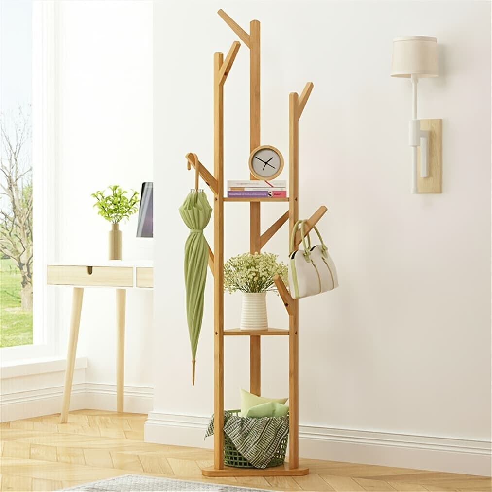 TEMU Bamboo Freestanding Coat Rack With 9 Hooks And 3 Storage Shelves, Easy Assembly Rotary Tree Stand For Entryway - Natural