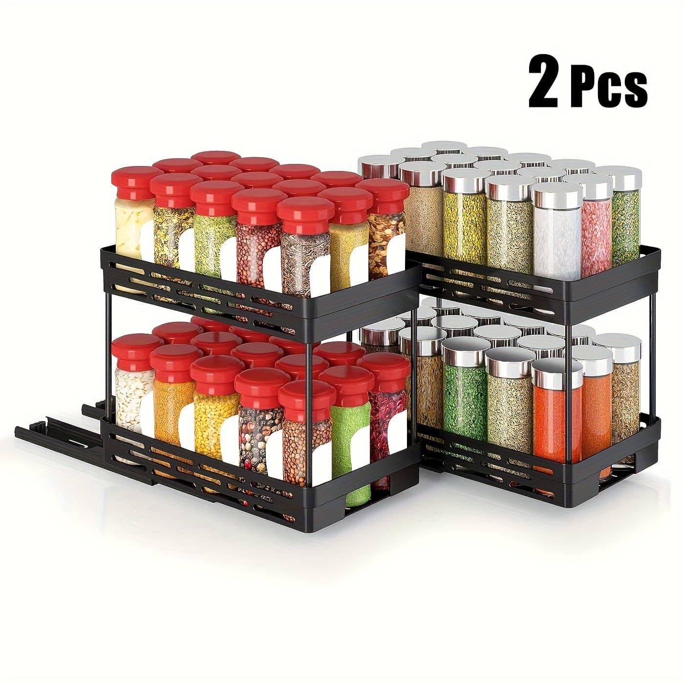 TEMU 2-tier Spice Rack - Large Capacity Kitchen Organizer For Countertops & Cabinets, Multi-functional Storage Shelf With Pull-out Design