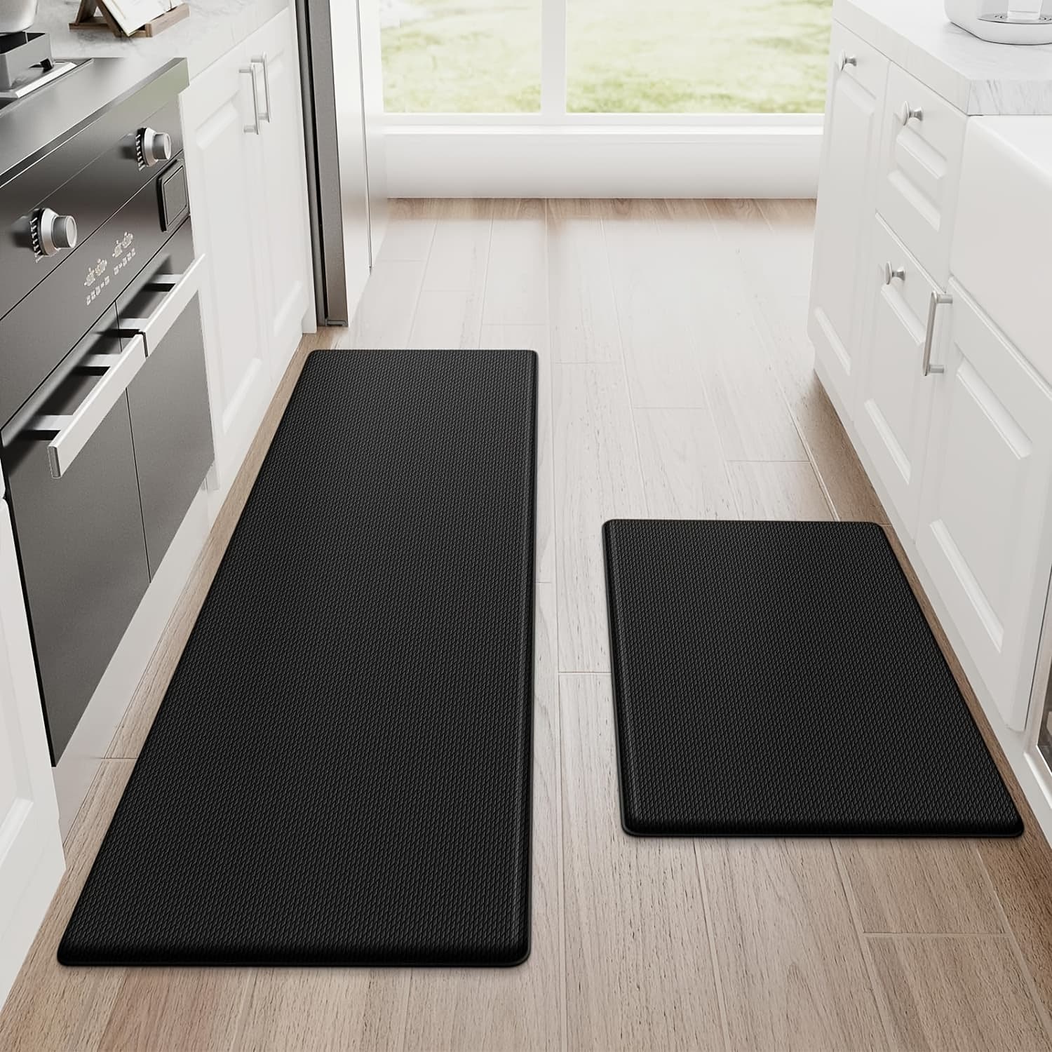 TEMU 2pcs Kitchen Mats Cushioned Kitchen Rug, Non-slip Kitchen Mats And Rugs Heavy Duty Pvc Foam Rugs For Kitchen, Floor Home, Office, Sink, Laundry, 1 Set 2pcs[black]