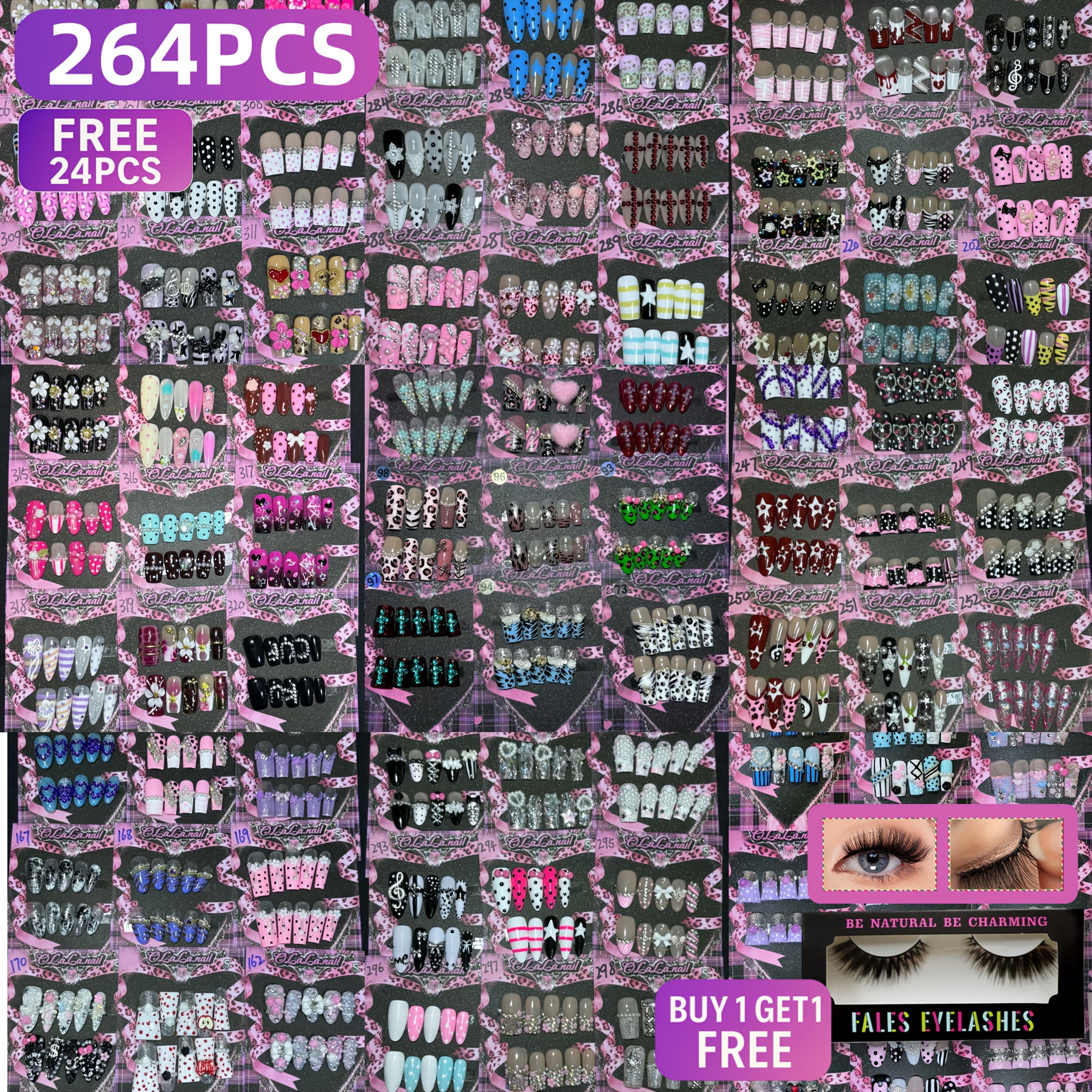 TEMU 264pcs+24pcs Nail Art Set Featuring Stylish Designs Including, Rhinestones, Hearts, And Patterns In Nude, Pink, And Mixed Colors. Perfect For Any Occasion. Reusable, Easy To Apply