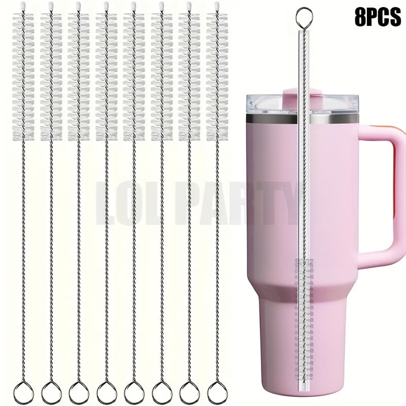 TEMU Set Of Ultra-long Cleaning Brushes For Straws, Featuring An 8pcs Stainless Steel Handle Brush Set, Ideal For Glass Cups, Straw Cups, Water Bottles, And Tubes (in White)