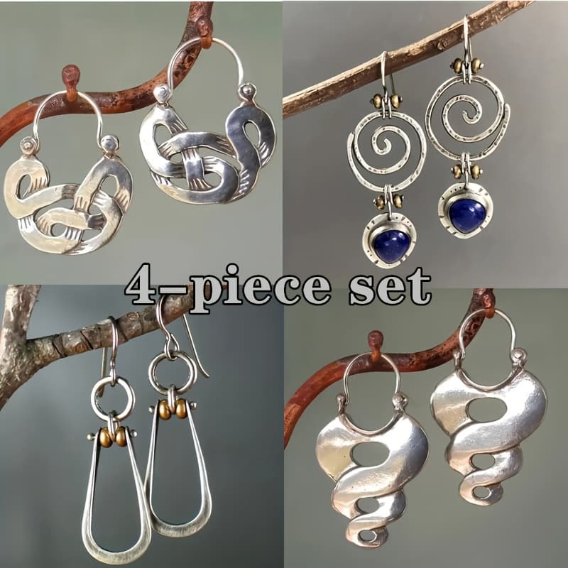 TEMU 4pcs Set Of Vintage Style Silvery Hollowed Out Hoop Earrings With Rolled Edge Pattern, Giftzinc Alloy Silvery Plated Jewelry, Uniquely Designed
