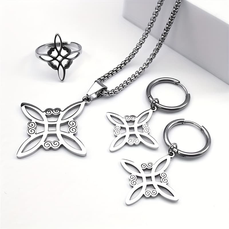 TEMU 4pcs Irish Knot Necklace Ring Earrings Set Stainless Steel Hollow Up Women's Fashion Set