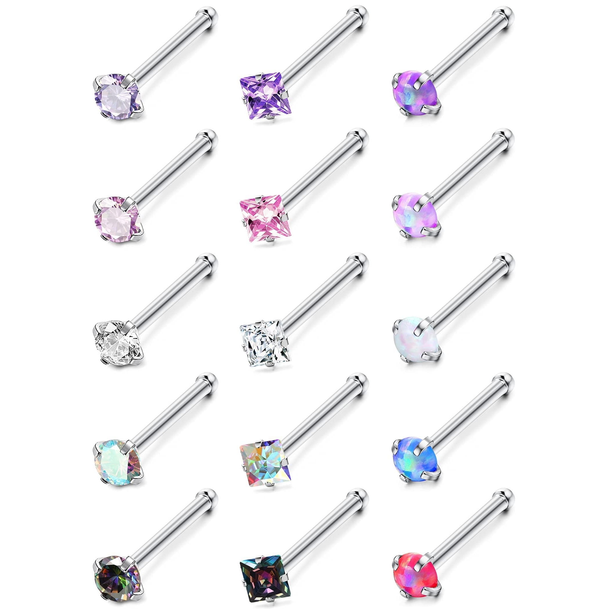TEMU Anti-allergic Nose Ring 15pcs 20g Surgical Stainless Steel Nose Ring Stud L-shaped Stud Ring Cubic Zirconia Nose Ring Labret Lip And Nose Piercing Jewelry For Men And Women