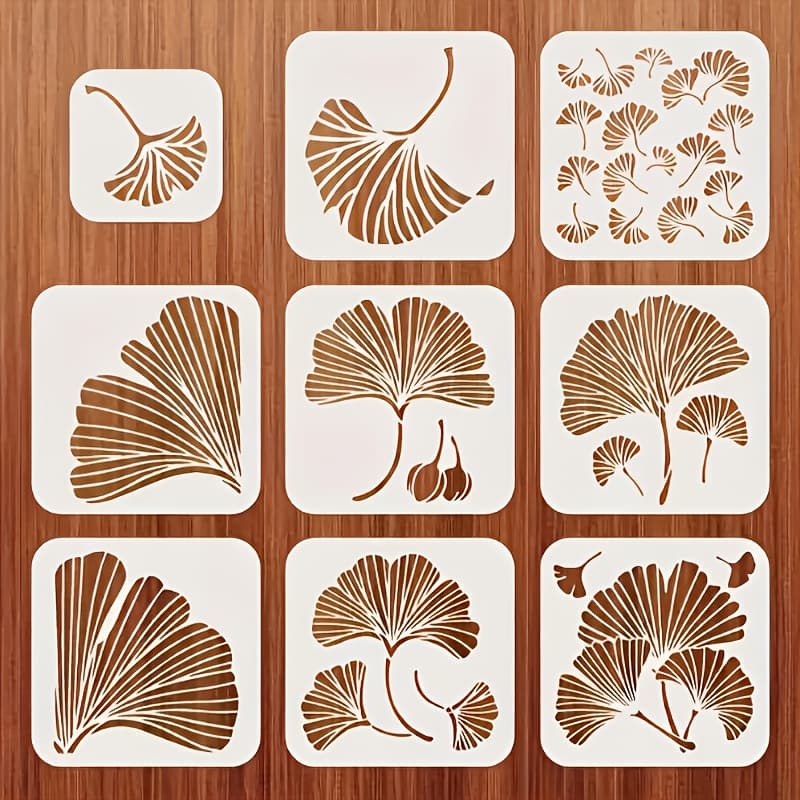 TEMU A Set Of 9 Ginkgo Leaf Templates - Pet Material, Reusable White Plastic Template, Suitable For Diy Handicrafts, Embossing, Wood, Canvas, Furniture And Crafts Spray Painting