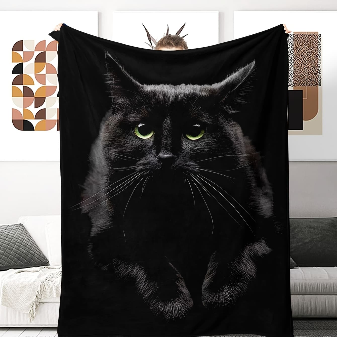 TEMU 1pc Black Cat Flannel Throw Blanket – Soft Cozy Home Decor Gift With Realistic Cat Print, Perfect For Cat Lovers,
