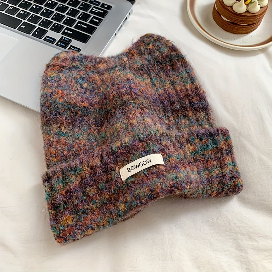 TEMU 1pc Women's Cat Ear Beanie - Elastic Band Winter Hat With , Warm Face-flattering Fit For Christmas & Cold Weather, Multicolor Tie-dye Pattern, Hat, Festive Accessory, Textured Construction
