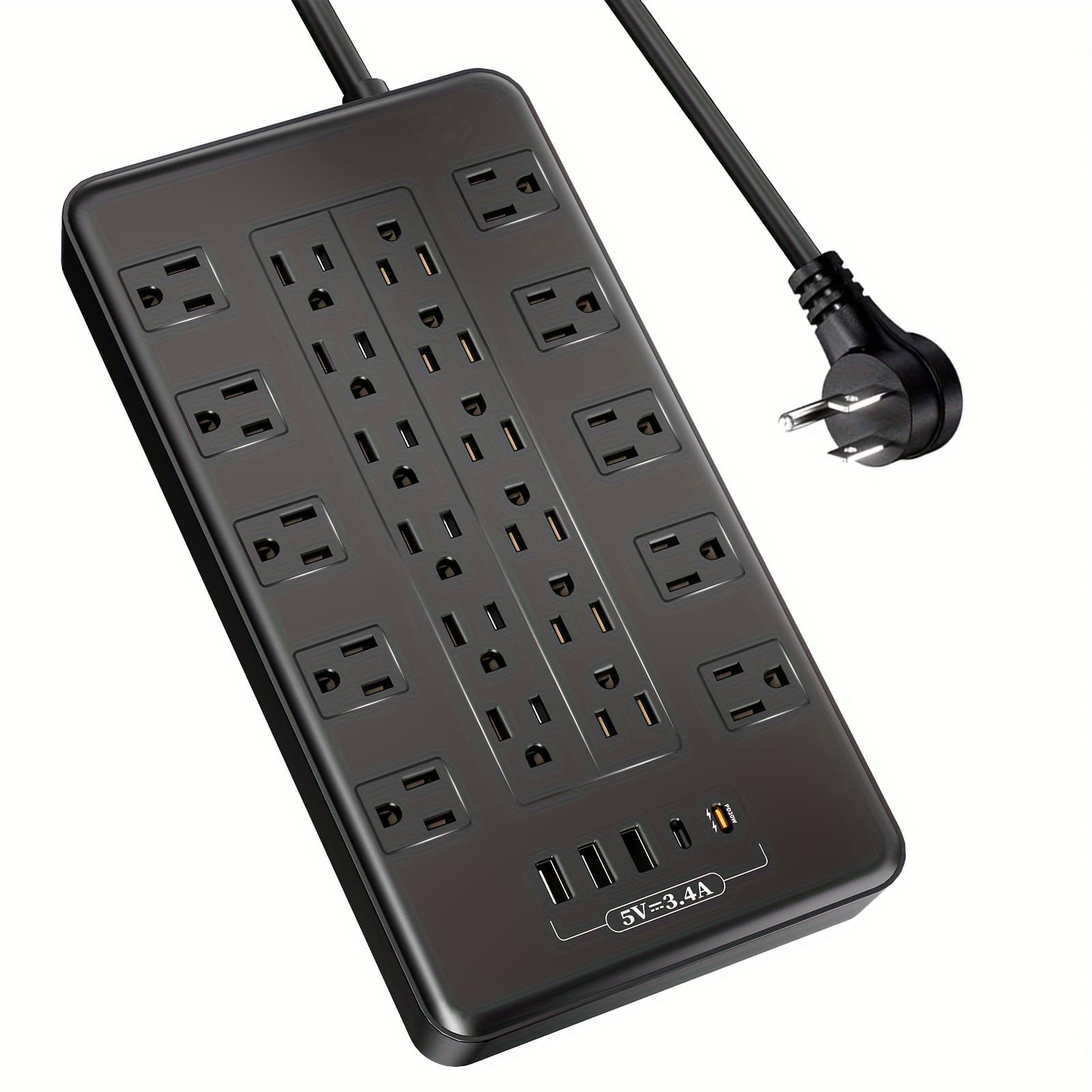 TEMU Protector Power Strip With Usb C Ports, 6ft Extension Cord With Multiple Outlets, 22 Ac Outlets And 5 Usb Ports, Pd20w Flat Plug, Heavy Duty, Wall Mount, Under Desk 1875w/15a