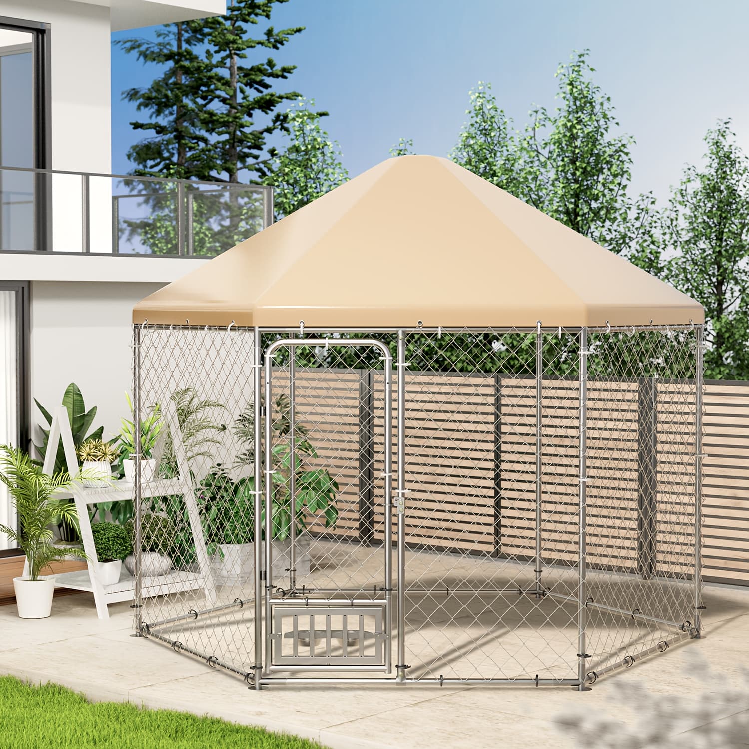 TEMU Outdoor Dog Kennel With Roof, Large Dog Kennel Outdoor With Rotating Feeding Bowls, Heavy Duty Hexagonal Dog Pens Outside For Backyard (9.3x9.3x8.1 Ft)