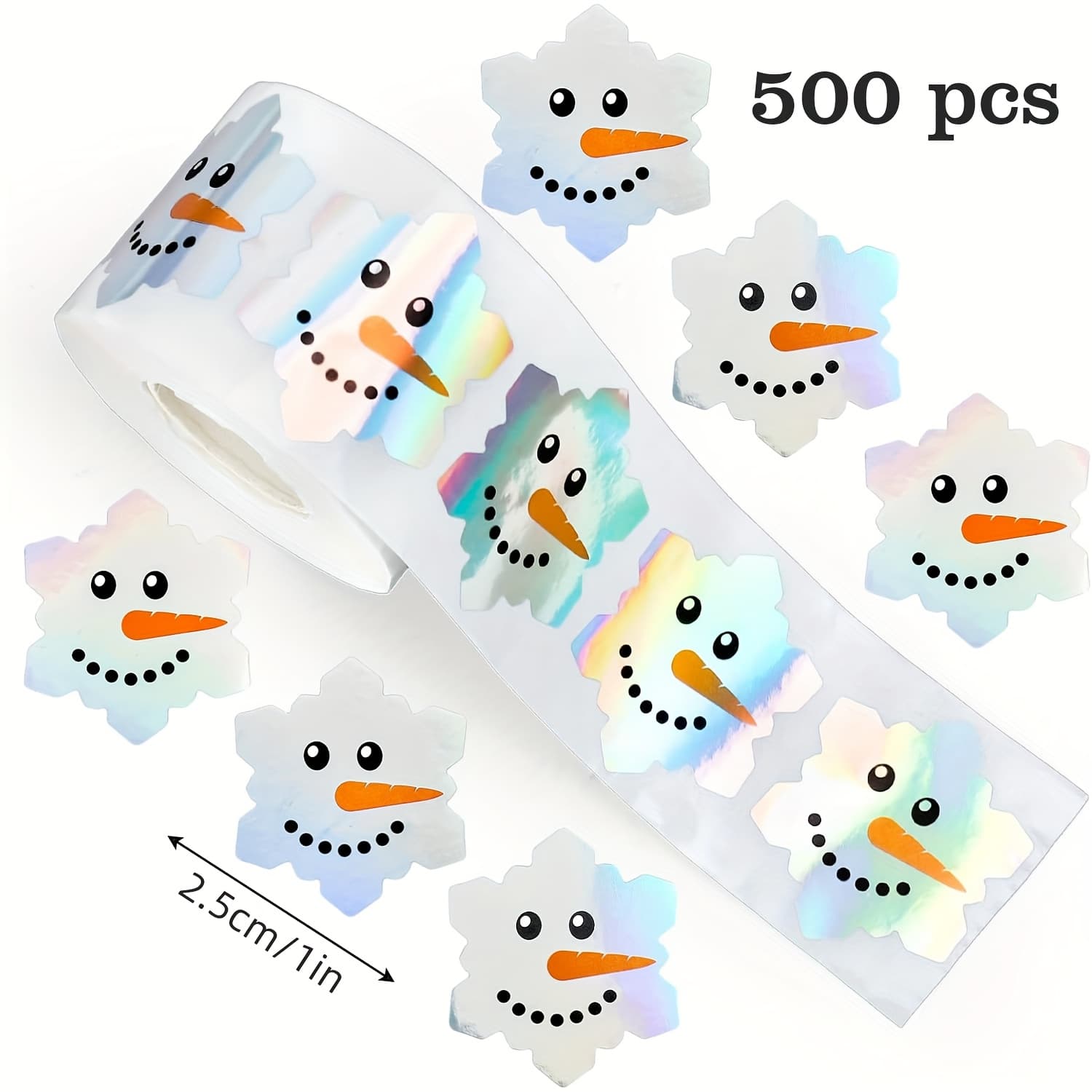 TEMU 500 Sheets/roll Holographic Laser Snowman Doodle Stickers, Silvery Laser Envelope Magazine Decoration, Holiday Party Diy Decorations, Christmas New Year Pvc Adhesive Stickers