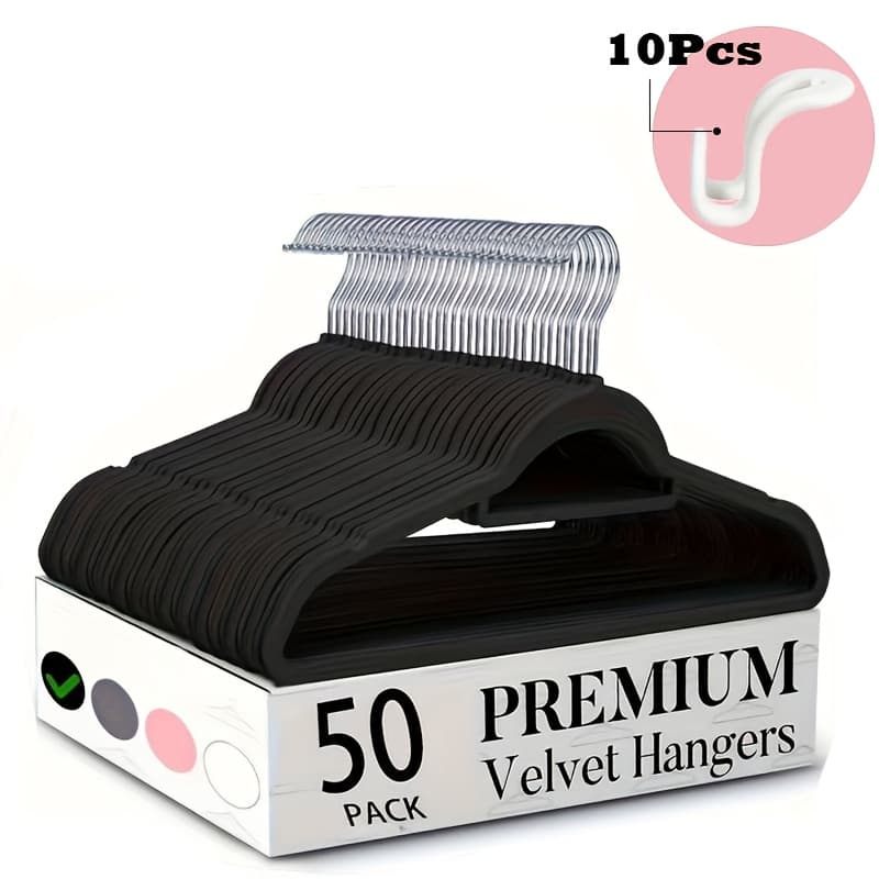 TEMU 50 Pack Black Velvet Hangers, Non Slip Clothes Felt Hanger Heavy Duty For Coat, Space Saving Suit Hangers For Closet Organizer, 360° Rotating Silver Hook