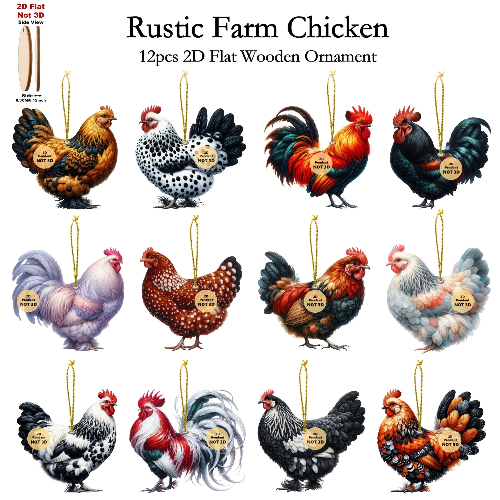 TEMU 2d Flat, 12pcs/16pcs Rustic Farm Chicken Wooden Hanging Ornaments - Christmas Tree Decor, Holiday Gift Set For Home Office Classroom Party, Festive Tag Accessories, 2d Flat