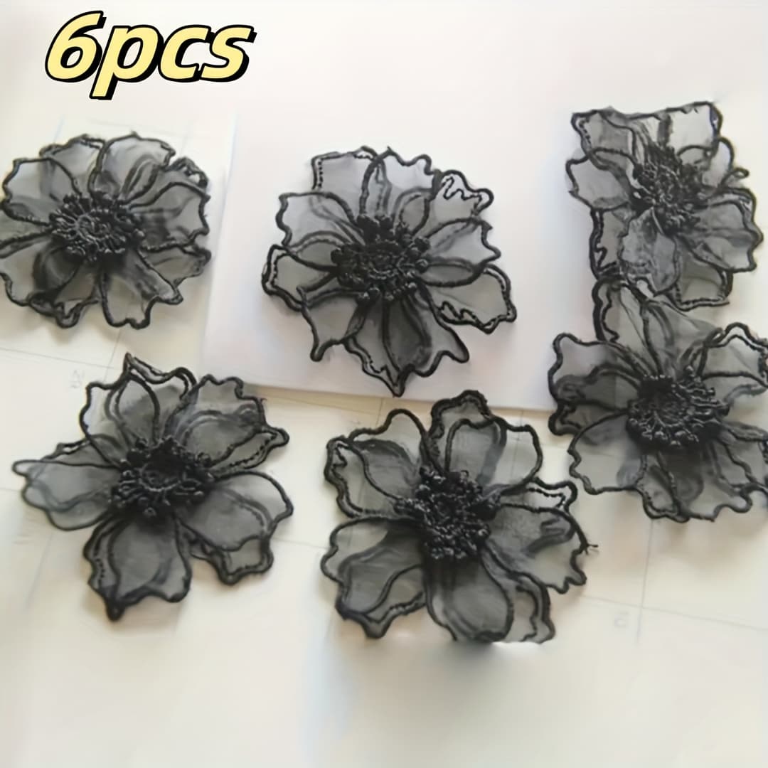 TEMU 6pcs Set Of Organza Flower Patches - 3d Lace Bridal Wedding Dress Additions, Vintage Floral Embroidery Patches For Formal Clothing, Exquisite Fabric Decorations (easy To Apply)