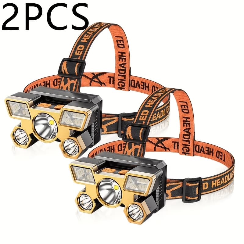 TEMU 2pcs Rechargeable With Adjustable Strap, 5 Leds, 4 , Ip44, Usb Charging - Ideal For Outdoor Activities Like Running, Hiking, Camping, Hiking Headlight