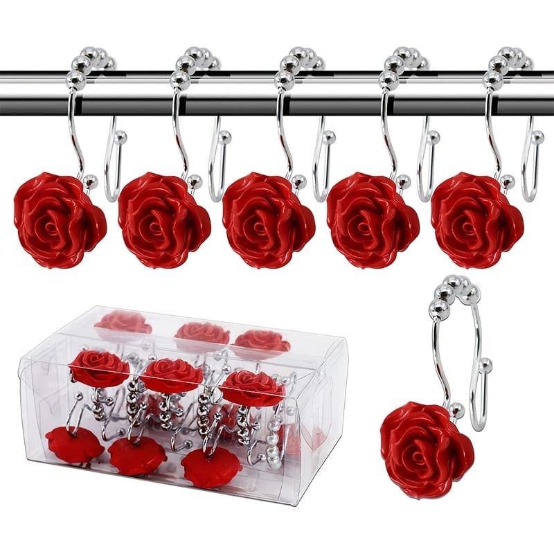 TEMU 12pcs Red Rose Double-sided Hook Shower Curtain Hook, Sliding, Strong Load-bearing Capacity, Not Easy To Rust, Bathroom Accessory