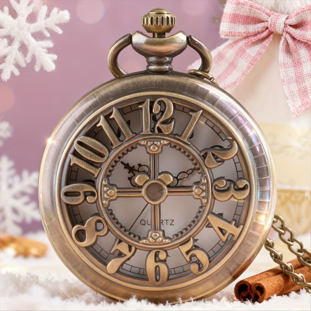 TEMU New Retro Hollow Pocket Watches Big Numbers Pattern Quartz Pocket Watches With Necklace Chain Unisex Birthday Christmas New Year Gifts