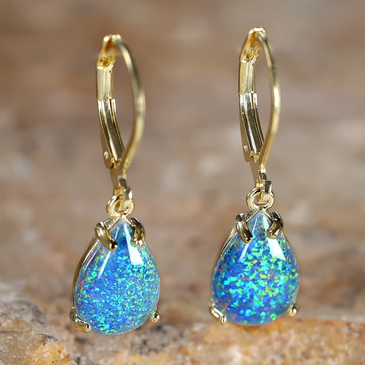 TEMU Opal Hoop Earrings For Women With Opal Golden Plated Tear Drop Dangle Earrings Bohemia Summer Jewelry