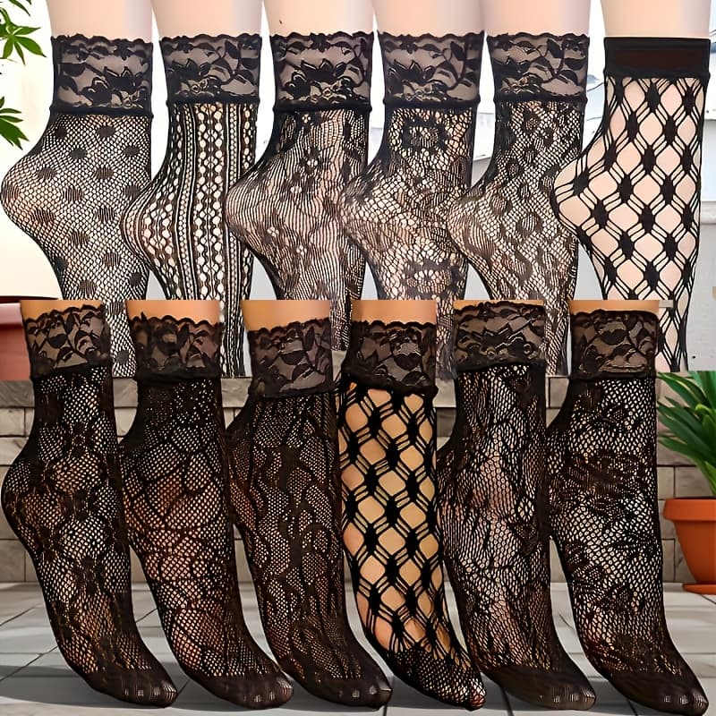 TEMU 12 Pairs Women's Black Short Fishnet Socks With Lace Floral Pattern Thin & Breathable Sheer Short Socks, Hosiery