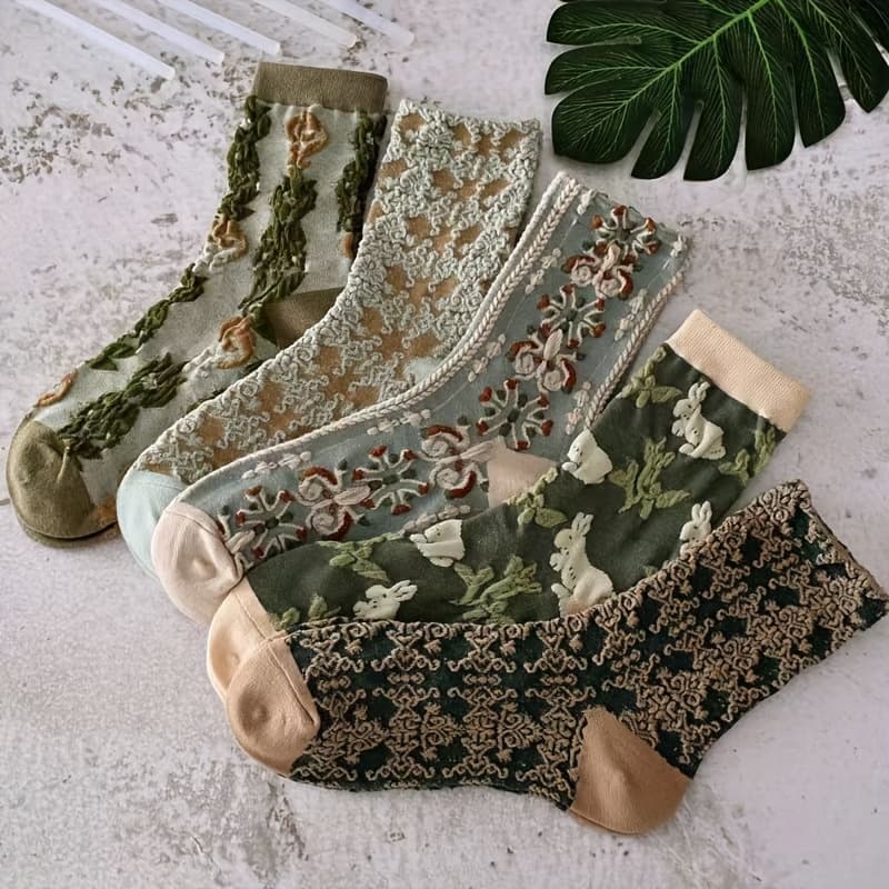 TEMU 5 Pairs Women's Floral Print Breathable Silky-like Mid-calf Socks - Ethnic Style , , Mixed Colors For Casual & Sports Wear, Machine Washable, Cute Socks