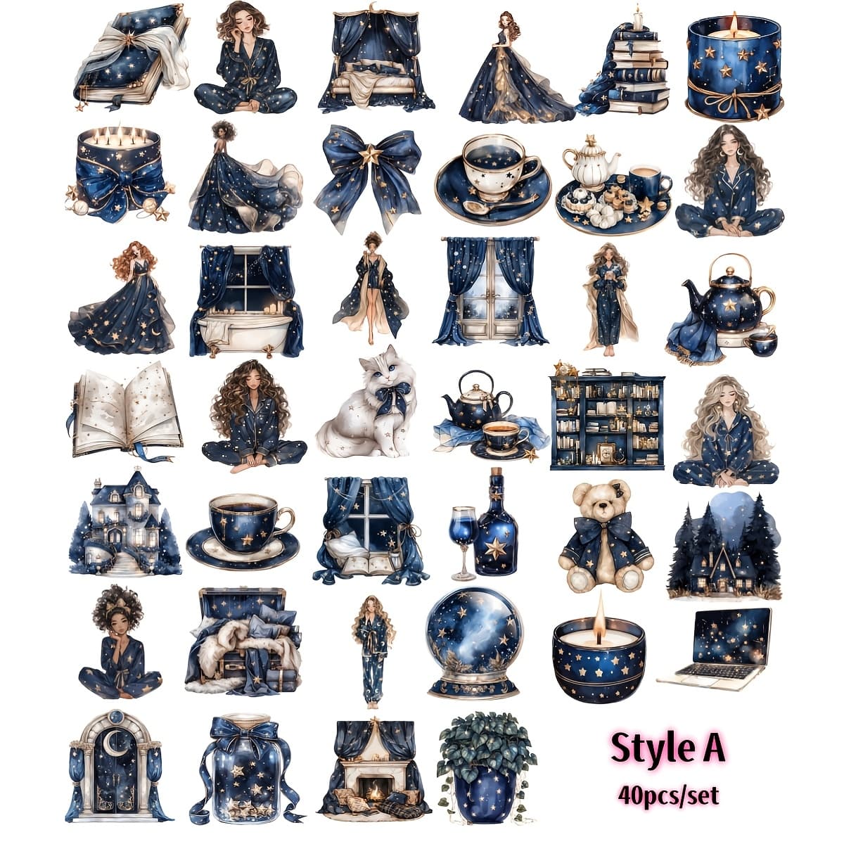 TEMU A Set Of 40 Handmade Creative Vintage Navy Blue -themed Mysterious Stickers For Women, Suitable For Decorating Journals, Scrapbooks, Photo Albums, And Notebooks With Stickers