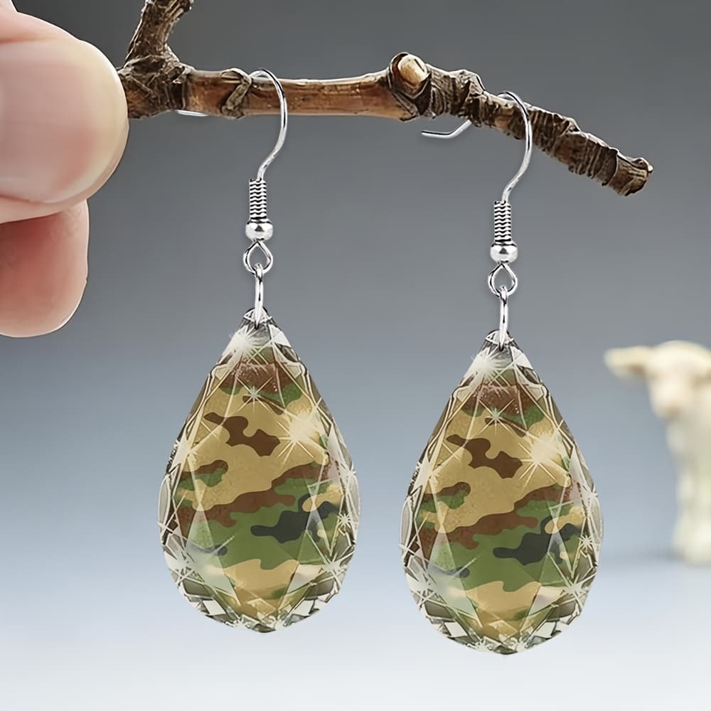 TEMU Women's Teardrop-shaped Glass Camouflage Pattern Earrings | Elegant And Fashionable Jewelry, Suitable For Everyday Wear And Special Occasions, Alloy Post