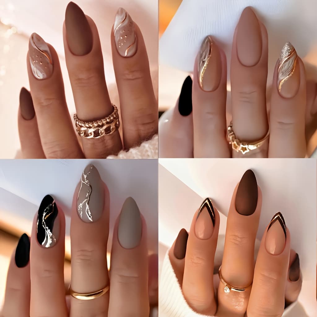 TEMU 96pcs Almond-4 Pack Press-on Nails Set, Medium Length, Mixed Pattern, Glossy End - Fashionable Autumn & Winter Nail Art For Women
