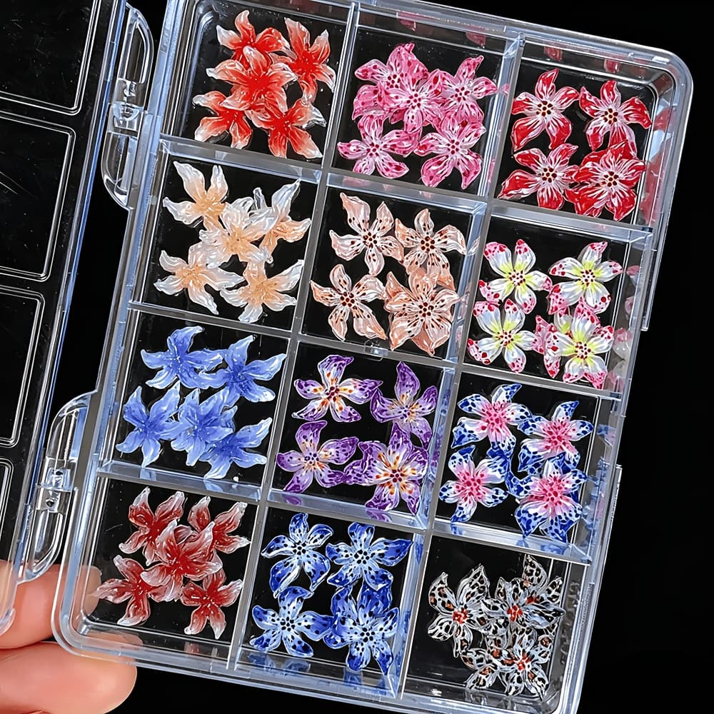 TEMU Spring 3d Resin Lily Flower Nail Charms, 12 Grids Mixed Color Floral Nail Art Decorations, Stereo Floral Nail Accessories For Diy Spring Manicure Salon Women