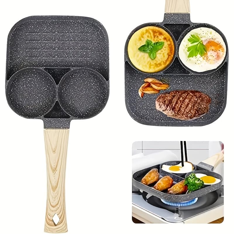 TEMU 1pc 3-hole Hamburger Frying Pan, Home Frying Pan, Frying Pan For Frying Eggs, Egg Hamburger Pan With Wooden Handle, Frying Pan For Eggs, Egg Mold, Pancake, Breakfast Maker (3 Holes)